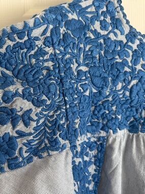 BEAUTIFUL BLUE LUSH THICK EMBROIDERY ON LIGHT BLUE TINY TICKING.
